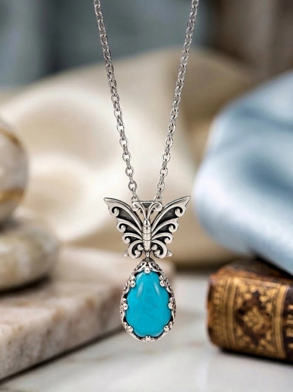 925 Sterling Silver Butterfly & Teardrop Turquoise Enhancer Pendant